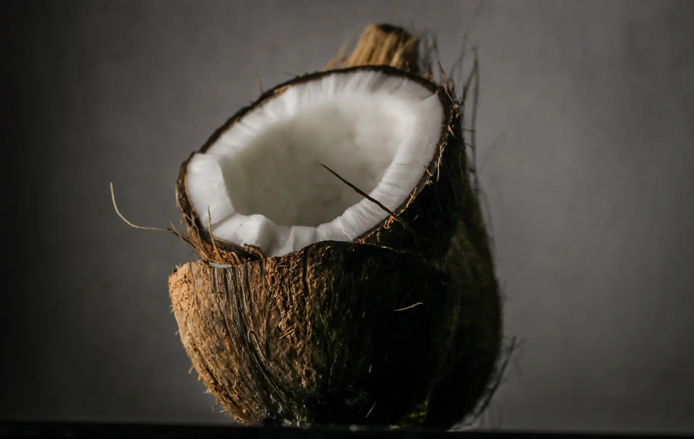 A freshly split coconut showing its white meat