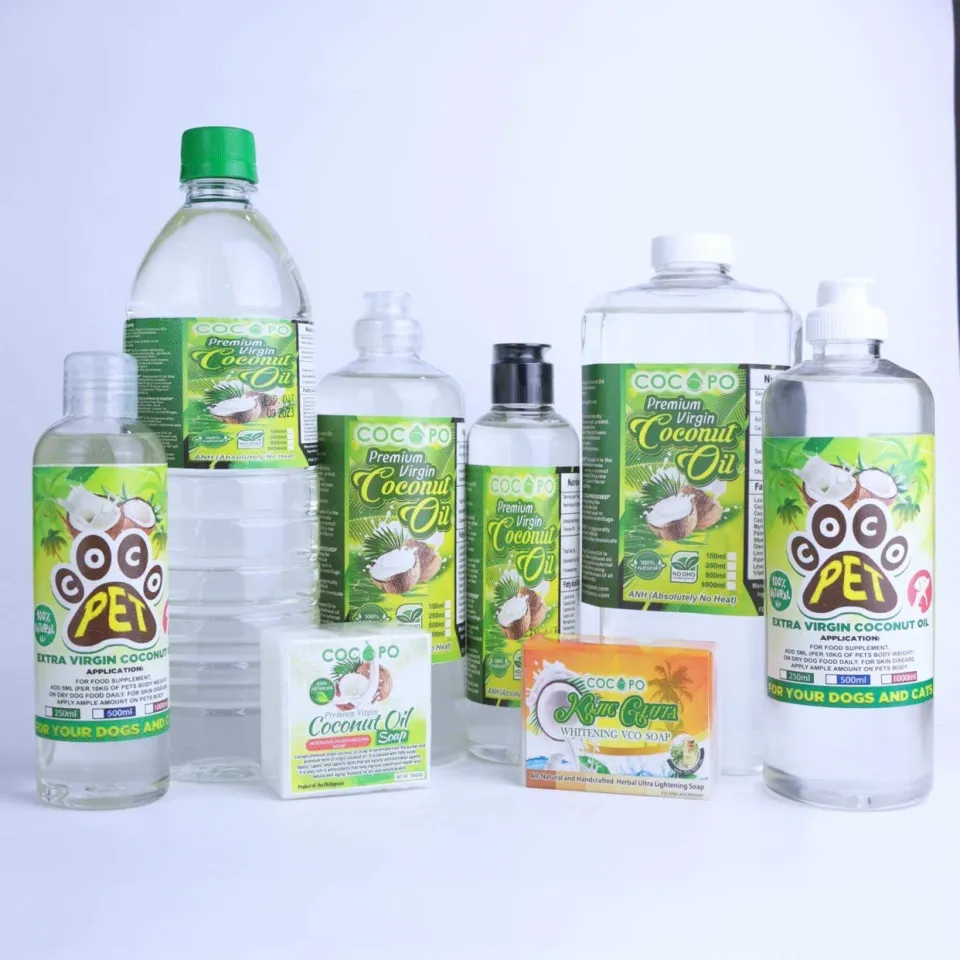 Cocopo virgin coconut oil bottles, VCO soaps and Coco Pet coconut oil for pets