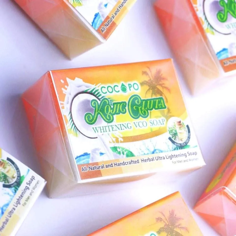 Boxed Cocopo Kojic Gluta whitening VCO soap in orange packaging