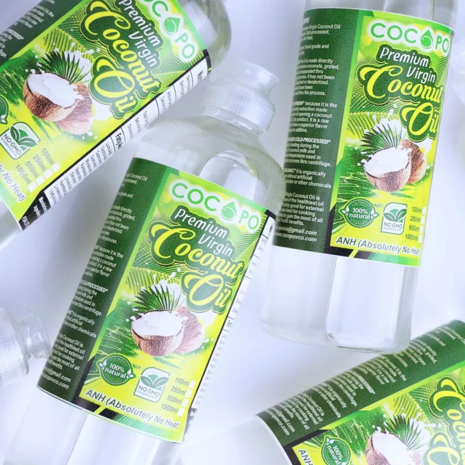 Cocopo premium virgin coconut oil in clear bottles with clear caps
