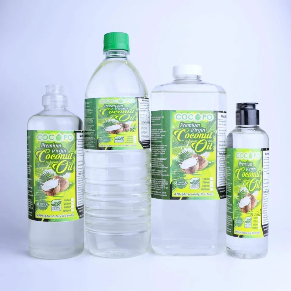 Cocopo premium virgin coconut oil in four bottle styles and sizes