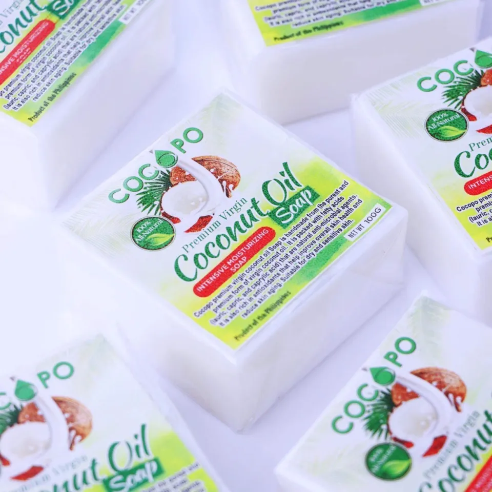 Cocopo premium virgin coconut oil soap bars in white and green packaging