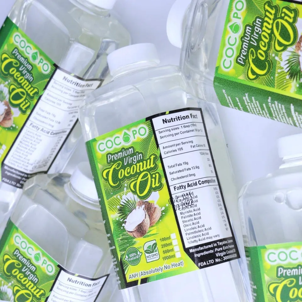 Cocopo premium virgin coconut oil in square bottles showing the nutrition facts label